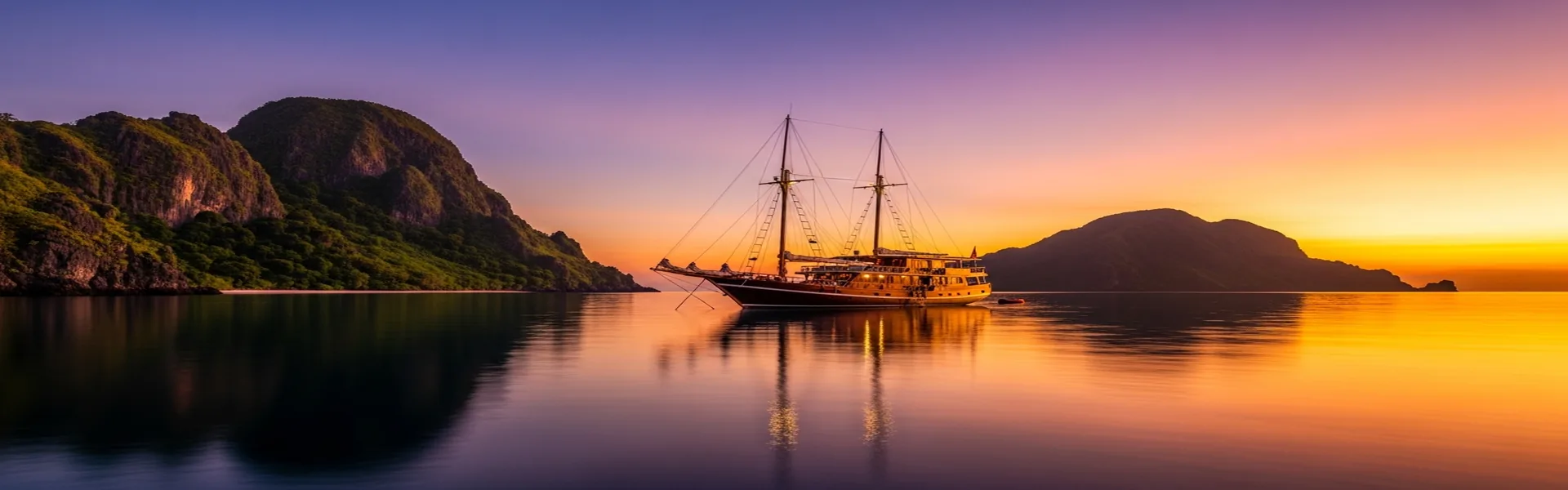 Luxury phinisi boat anchored near Komodo island at sunset for overnight cruise