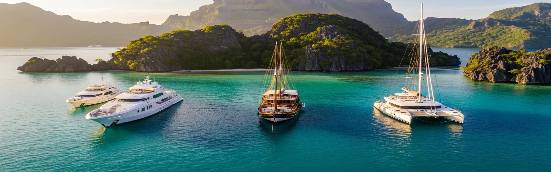 Fleet of luxury yachts and phinisi boats lined up in Komodo harbor