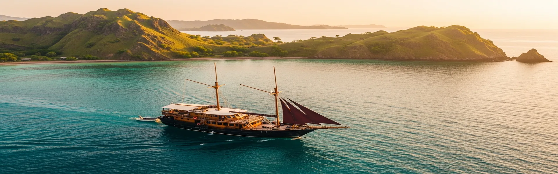 Luxury private cruise sailing through Komodo National Park islands at golden hour