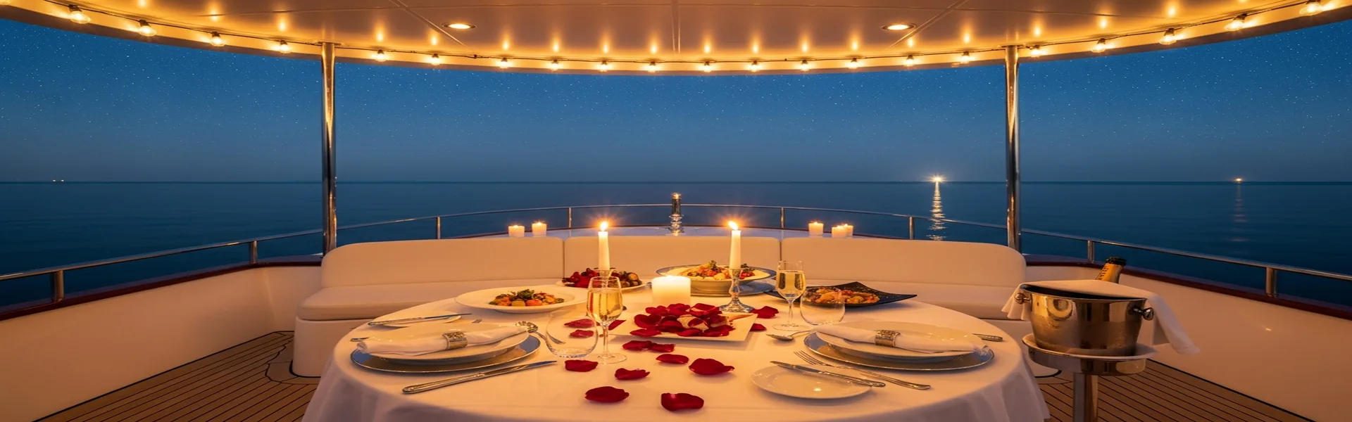 Romantic private dinner setup on luxury cruise deck under Komodo stars