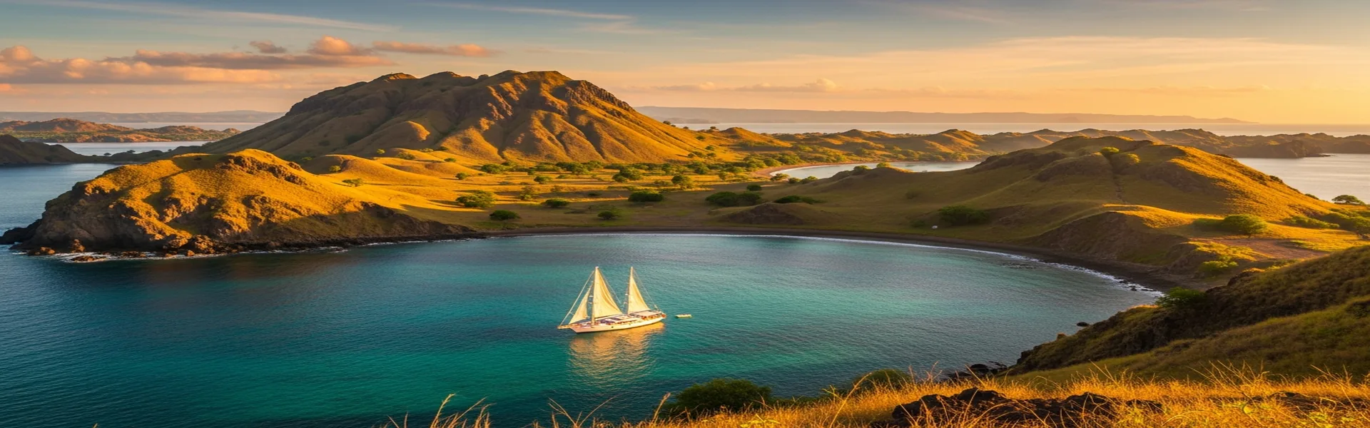 Komodo Island landscape with dragons and volcanic terrain