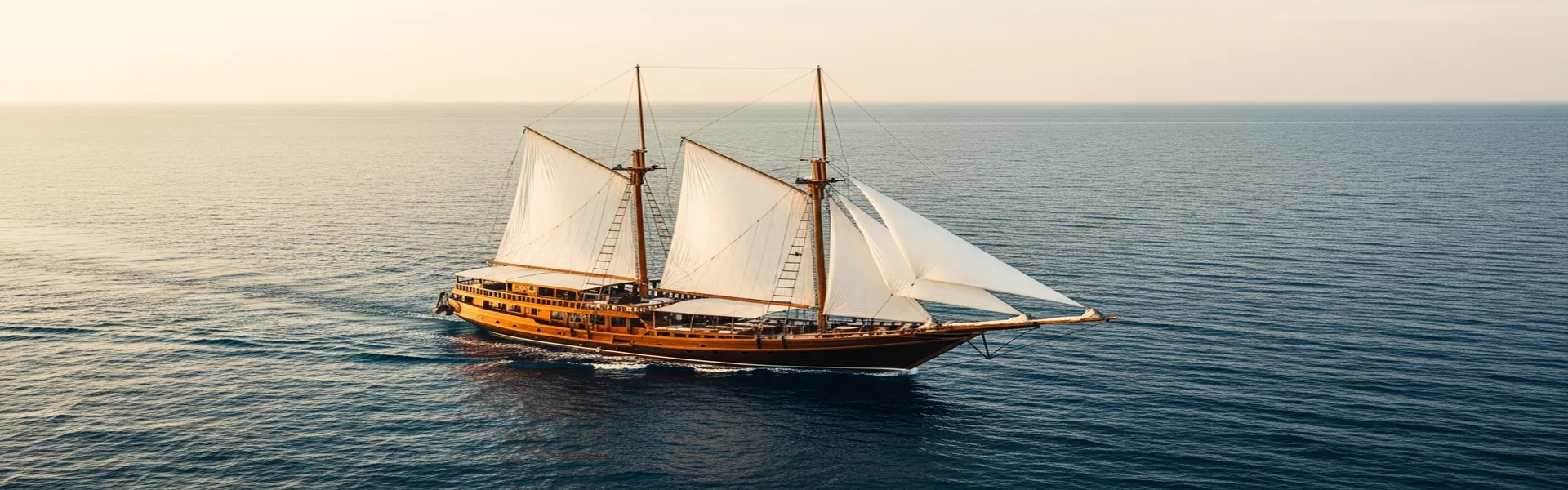 Traditional wooden phinisi boat with full sails in Komodo sea